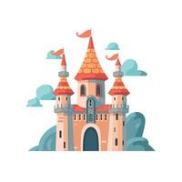 design of a whimsical castle with towers and flags surrounded by clouds vector