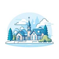 Charming winter landscape featuring a quaint building and snowy trees in a serene setting vector