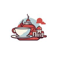 art of a steaming cup of coffee with a vibrant architectural background featuring domes and clouds vector