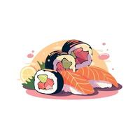 Sushi assortment featuring rolls and sashimi on a minimalist background vector