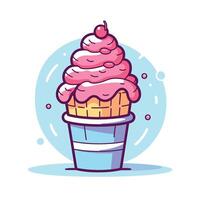 Delicious pink swirl ice cream in a cone topped with a cherry on a light blue background vector