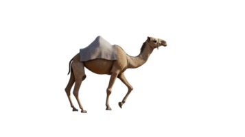 Realistic depiction of a camel walking across a vast desert landscape, ideal for travel brochures or nature-themed projects showcasing wildlife in arid environments.. png