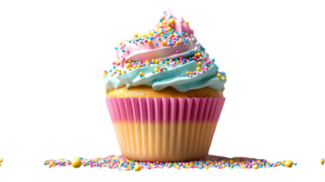 A cupcake with sprinkles on top and a rainbow png