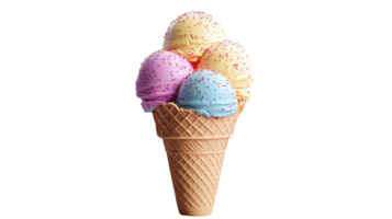 An ice cream cone with three different colored ice cream png