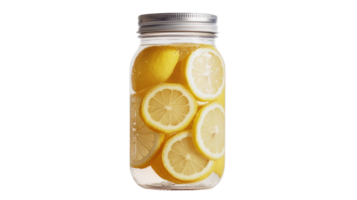 A Clear Mason Jar Filled with Fresh Lemon Slices for Creative Beverage Ideas and Refreshing Drinks Presentation. png