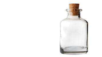 A Crystal Clear Glass Bottle with a Cork Stop Ideal for Beverage Storage and Presentation in Various Settings. png