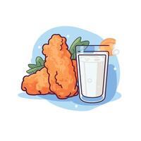 Enjoying crispy chicken tenders with a refreshing glass of milk in a cheerful setting vector