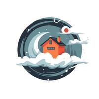 art depicting a cozy house surrounded by swirling clouds and celestial elements in a dreamy setting vector