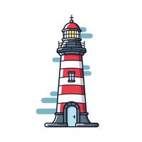 Stylized art of a red and white striped lighthouse by the coast with windows and door vector