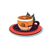 Enjoying a warm beverage in a stylish cup on a colorful plate with leaves vector