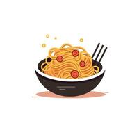 Delicious bowl of noodles with red toppings and chopsticks at a dining table vector