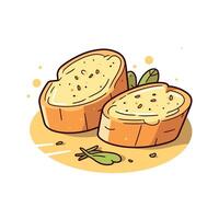 Sliced bread with a golden crust and creamy filling placed on a light background with greens vector
