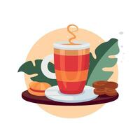 Warm beverage with snacks on a wooden tray in cafe vector