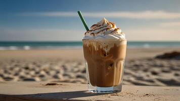 Iced coffee with whipped cream and caramel drizzle at the beach, perfect for a summer break with business in mind photo
