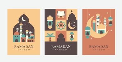 Ramadan greetings card template minimalism style with lantern, crescent moon, and stars in geometric flat style. vector