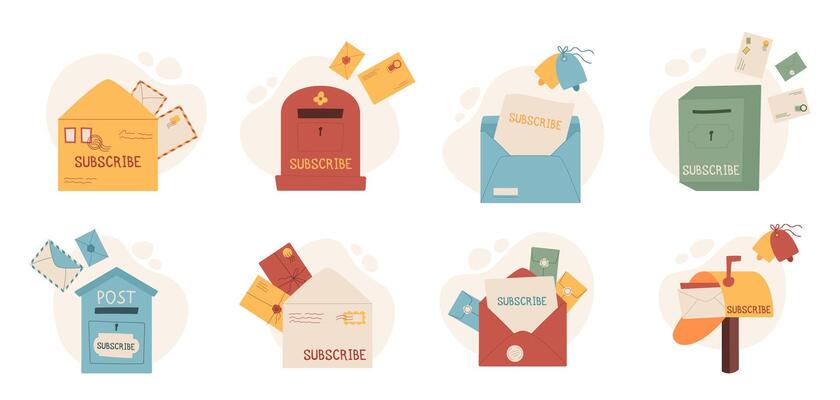 Flat style handmade mailbox with envelopes newsletter concept, cartoon craft mail flying from postboxes subscription invitation template, creative paper post card. trendy handwritten envelope design,