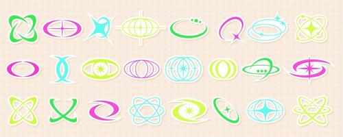 Space trippy aesthetic earth shape sticker set, geometric trendy 90s world globe graphic, futuristic psychedelic y2k atom sign collection, retro groovy star figure set, modern rave element , vector