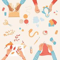 Cartoon creative DIY art workshop background, colorful hands make craftwork top view banner, handicraft knitting work hobby concept, handmade weaving handcraft activity class collection, vector