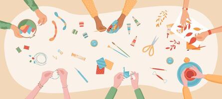 Cartoon handicraft art group collection, children handmade origami craft illustration, colorful flat hands make DIY pottery workshop, top view creative craftwork hobby background concept vector