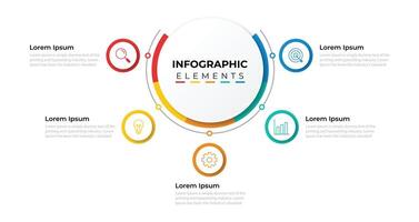 Business infographic cycle connected elements with marketing icons and 5 options or steps. illustration. Can be used for workflow diagrams, annual reports, and info charts. vector