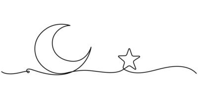 One single line drawing moon with star on white background continuous line drawing illustration vector