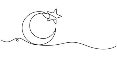 Continuous one line drawing of moon icon Crescent moon for Ramadan isolated on white background outline art illustration vector