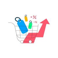 Flat illustration depicting inflation or price increase. The design features a price tag, a shopping cart, and an upward pointing arrow graph, symbolizing rising costs and economic trends vector