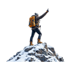 Hiker pointing to the sky while standing on snowy mountain peak with transparent background png