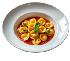 Delicious italian tortellini pasta with tomato sauce and basil on transparent background png