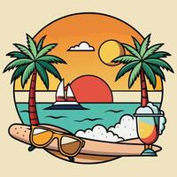 Beach scene with palm trees and a surfboard vector