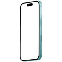 Teal smart phone 16 mockup template. Transparent . Blank screen. Frame only. Isometric png