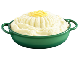 Mashed potatoes, fluffy whipped white potatoes, pat of melting butter in crater, in green ceramic dish, dynamic isolated image png