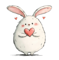 A charming cartoon bunny with fluffy white fur and rosy cheeks holds a pink heart. Its joyful smile is complemented by a heart floating above its head, conveying warmth and love. png