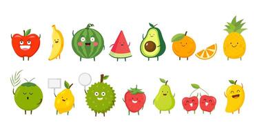 A colorful cartoon set of fruits and vegetables with a variety of healthy options like apple, banana, strawberry, lemon, and avocado vector