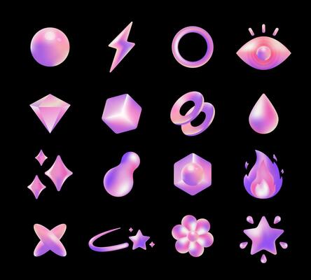 Y3K Abstract 3D Shapes Sticker Collection, Futuristic holographic gradient geometric object, fire, electric, sparkles, star, etc.