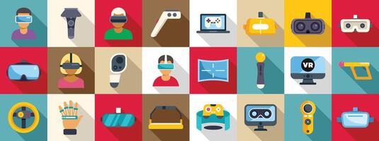 game virtual reality icons set. Virtual reality technology icons showing headset, controller, and gamers experiencing metaverse vector