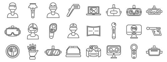 game virtual reality icons set. Virtual reality technology devices and accessories, including vr headsets, controllers, and gloves, creating immersive experiences vector