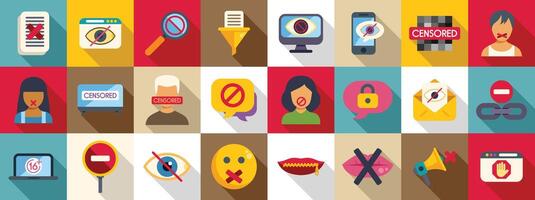 Censorship icons set. Censorship icons depicting limitation and restriction of information vector