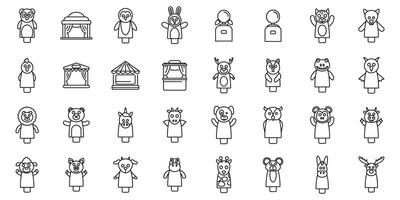 Puppets show icons set. Puppet show icons featuring various animal characters and stages for entertainment vector