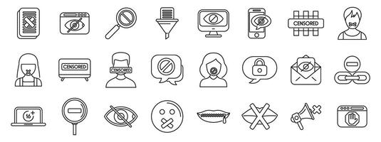 Censorship icons set. Censorship icons depicting silencing, content filtering, and information control vector