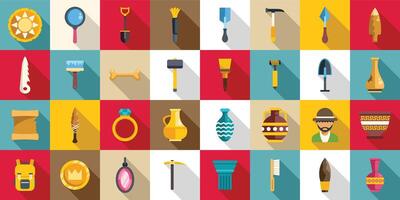 Excavation tools icons set. Archaeology investigating ancient history using tools and discovering artifacts vector