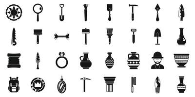 Excavation tools icons set. Archaeology digging tools and artifacts for exploring ancient history vector