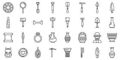 Excavation tools icons set. Archaeology tools and artifacts for exploring ancient history vector