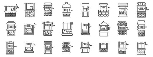 Old water well icons set. Water well icons showing different types of extraction mechanisms vector
