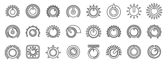 Volume control knobs icons set. Rotating knobs, volume controls, and adjustment dials icon set for precise settings vector