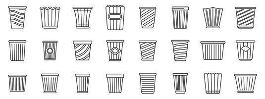 Bucket popcorn icons set. Popcorn bucket icons showing different containers for snacks, including striped and wavy patterns vector