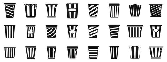 Bucket popcorn icons set. Popcorn and soda icons showing refreshments enjoyed watching movies vector