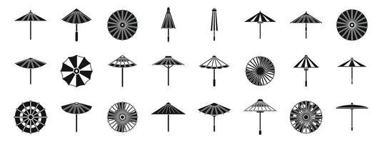 Japanese umbrella icons set. Japanese umbrellas protecting from sun and rain in different styles vector