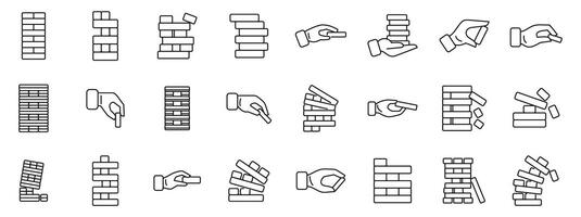 Wood stack balances game icons set. Hands playing wooden block tower game, building and removing blocks, risk and strategy icons vector