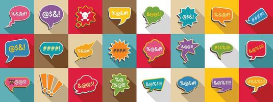 Swear speech bubble icons set. Swearing speech bubbles with curse words and punctuation marks conveying anger and frustration vector